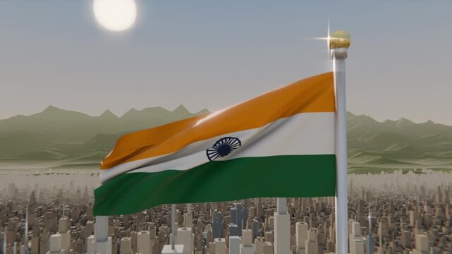 Rippling from gusts, Indian tricolor flag flapping above city skyline, showing Ashoka-wheel motif