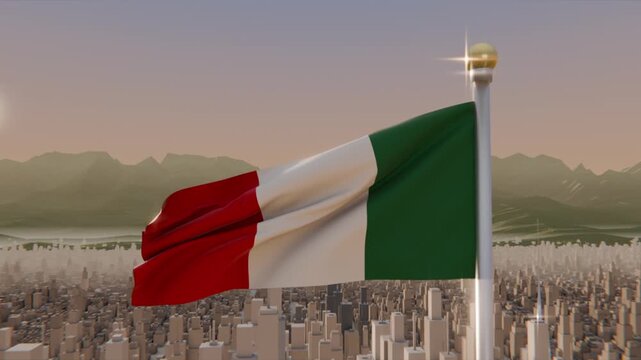 Rippling tricolor flag fluttering from metal pole gold finial above city at sunrise, breeze rising
