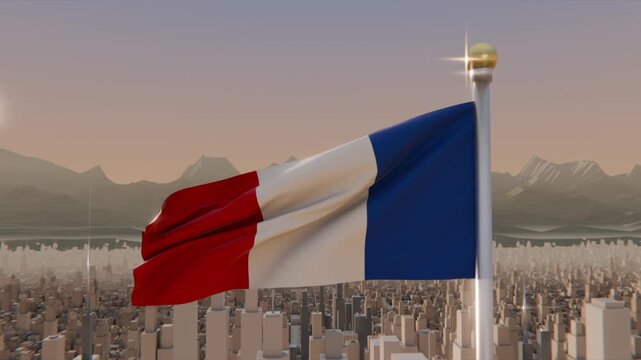 Fluttering tricolor flag on rooftop pole, wind lifting fabric, gold finial glinting, sun rising