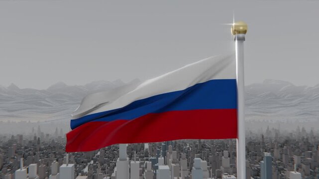 Fluttering Russian tricolour flag driven by steady wind, rippling over city skyline, gold finial