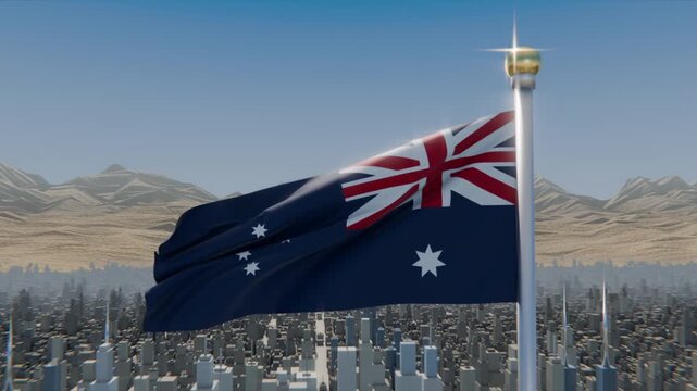 Waving Australian blue ensign catching wind atop pole over city toward range showing canton, stars