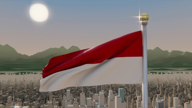 Rippling two-striped red white flag responding to gusts of wind above city skyline, finial glinting