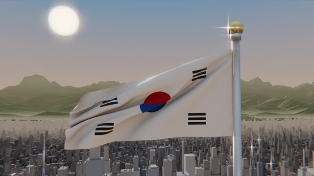 Fluttering Taegukgi flag catching gusts and rippling on roof flagpole above skyline, sun glinting