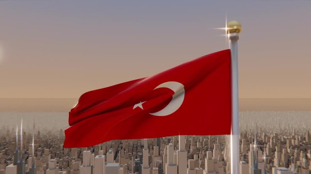 Wind lifting red flag with white crescent and five-pointed star over city skyline, sun rising
