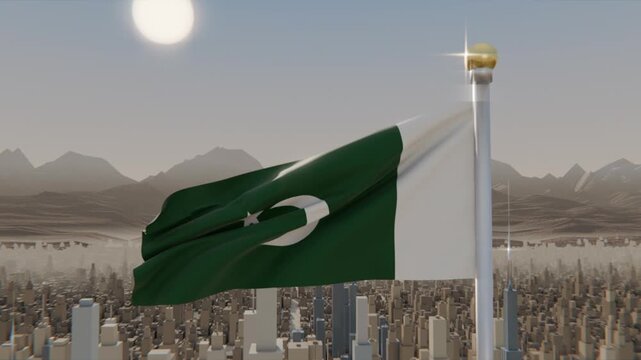 Flapping green flag showing white crescent-star as gusts swaying pole with gold finial above city