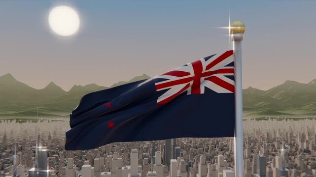 Waving dark-blue flag Union Jack canton red-star quartet atop silver pole over city, driven by wind