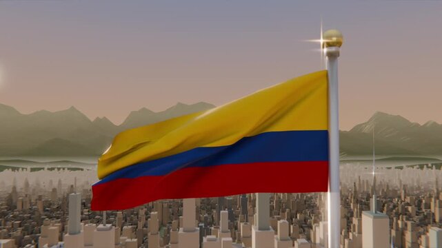 Billowing tricolor flag rippling rightward by breeze atop mast over skyline, sun glinting finial