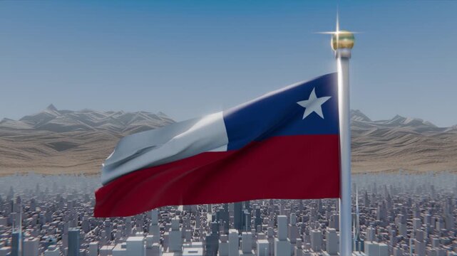 Billowing national flag with blue canton white star, settling in steady breeze above city skyline