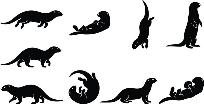 Vector silhouette bundle of playful otters and ferrets in various active poses isolated on pure white background