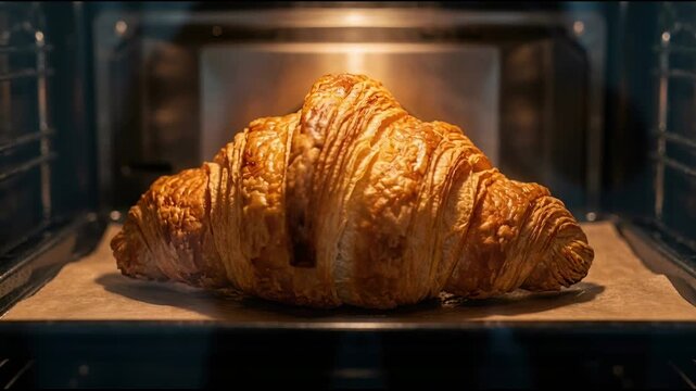 Croissant baking process in an oven. Golden pastry rising on a tray inside a hot kitchen appliance. Homemade French breakfast food preparation and cooking method.