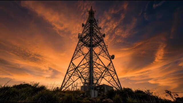 Telecommunication tower standing on hill against colorful sunset sky. Metal structure for wireless network signal transmission at dawn. Infrastructure and technology.