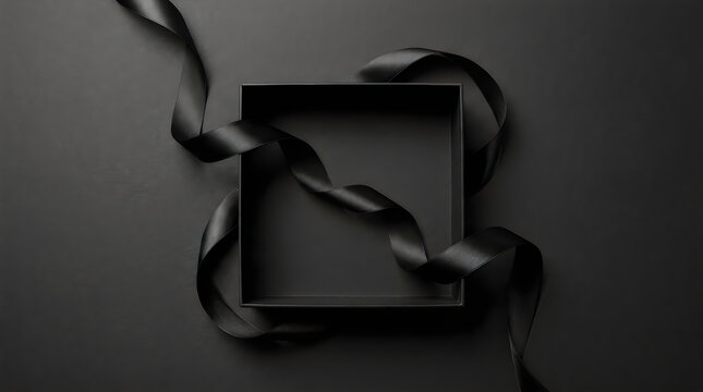 Minimalist black gift box with elegant ribbon on dark background, minimalist