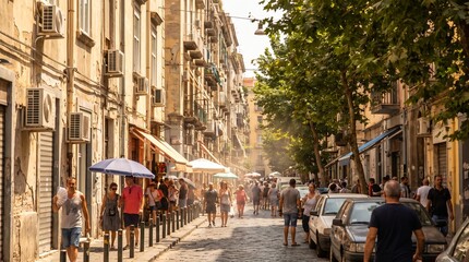 Fototapeta premium European Apartment Buildings with Outdoor Air Conditioning Units During Summer Heatwave