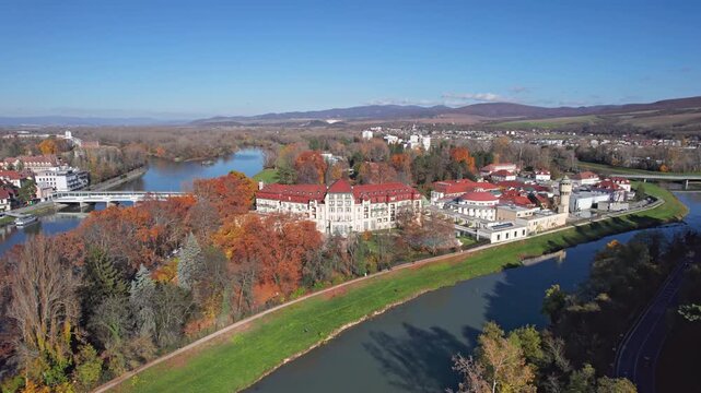 Aerial view of resort town Piestany and Spa Island at sunny autumn day, Slovakia.
