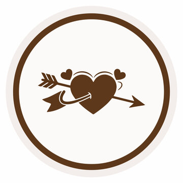 Brown heart pierced by arrow in circle symbol  love and passion icon