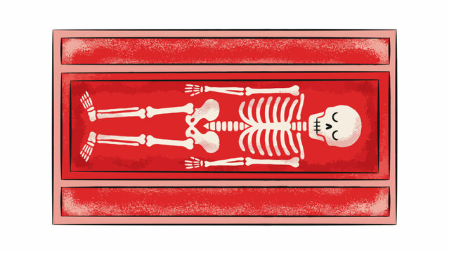 Halloween skeleton illustration on red background with brown borders