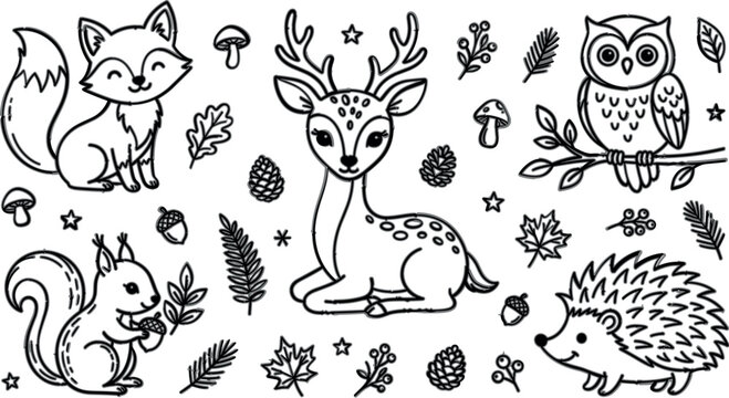 Minimalist woodland animals outline vector graphic elements with elegant line art forest wildlife icons for kids activity book design
