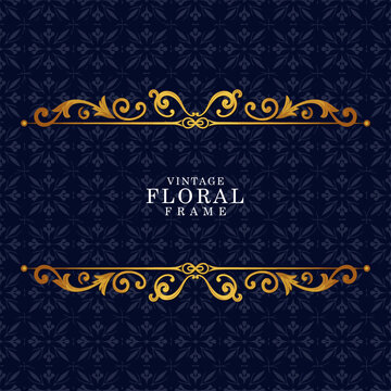 Vintage floral frame with gold ornaments on dark blue background
