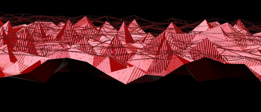 Abstract red geometric mountains with a wireframe overlay representing data networks.