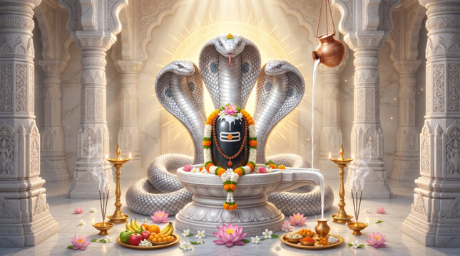 Nag Panchami Festival Greeting with Shiva Lingam Cobra Sacred Temple Worship and Traditional Hindu Devotional Art