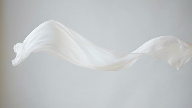 White silk fabric flying in the wind. Lightweight wavy material floating in air against grey background. Abstract motion of textile texture for design backdrop.