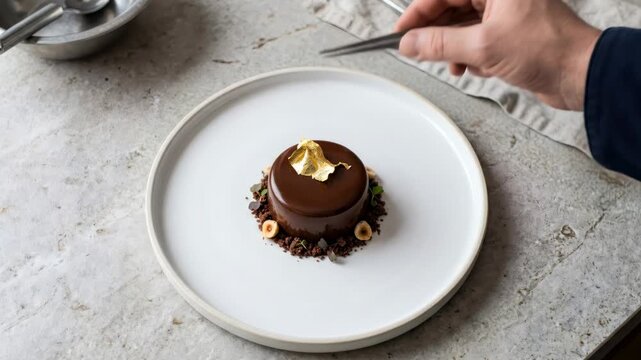 Chef decorating chocolate mousse cake with edible gold leaf using tweezers. Professional dessert plating process for gourmet restaurant service and food art.