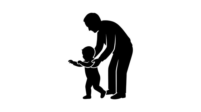 A black silhouette of a parent helping a young toddler take their first steps.