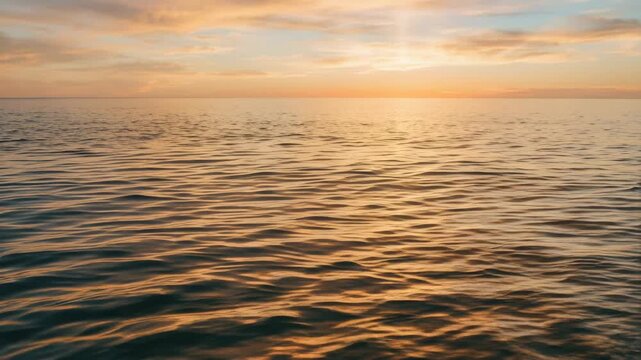 Golden sunset reflecting on ocean waves. Serene evening seascape with calm water surface. Sunlight glowing on sea horizon. Nature relaxation and landscape scenery.