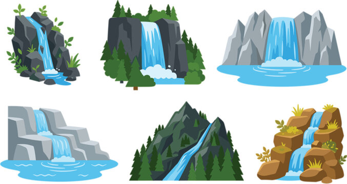 Vector cartoon illustration set of various beautiful nature waterfalls, rocky mountains, green pine trees, and cascading rivers isolated on a white background.