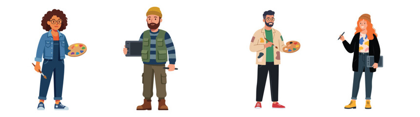 Flat vector cartoon characters set representing diverse artists and creative professionals