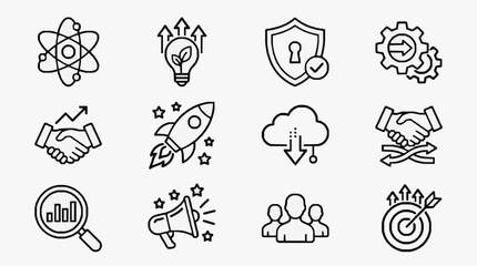 Minimalist Black and White Line Icons Set Featuring Technology Business Innovation and Collaboration Concepts © Sami