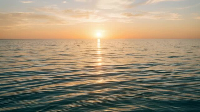 Sun setting over calm ocean horizon. Serene twilight seascape with golden light reflection on water surface. Nature beauty for meditation and relaxation concept.