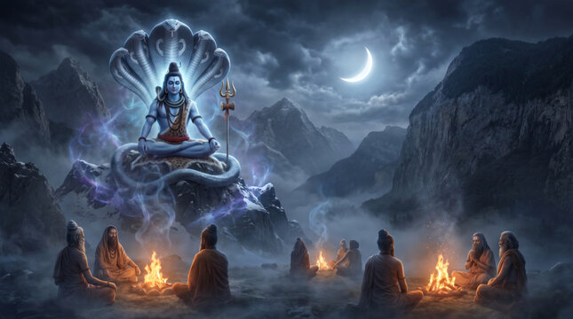 Lord Shiva Meditation with Sacred Serpent Under Moonlight in Himalayan Landscape Background