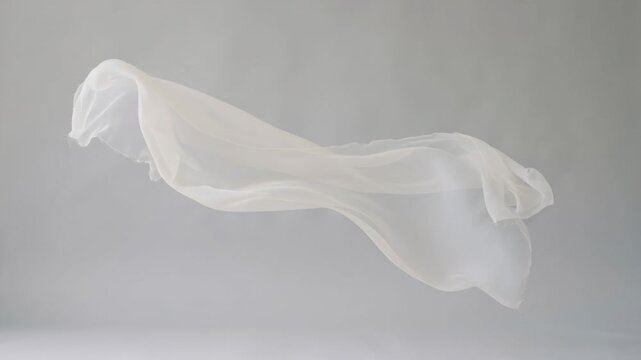 White silk fabric flying in air. Thin textile fluttering in wind movement. Abstract flowing cloth sequence for background design. Motion of veil showing lightness.