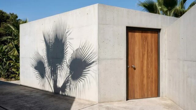 Concrete wall with wooden door exterior in sunny environment. Palm tree shadow shifts across white surface. Modern architecture design for villa estate concept.