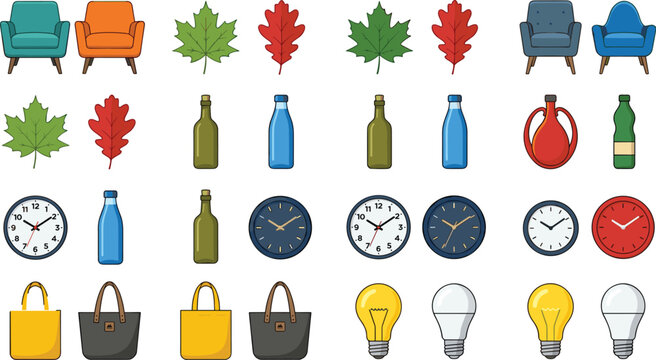 Vector flat cartoon style icon collection pack with household objects, armchairs, autumn leaves, bottles, wall clocks, shopping bags, and light bulbs on white background.