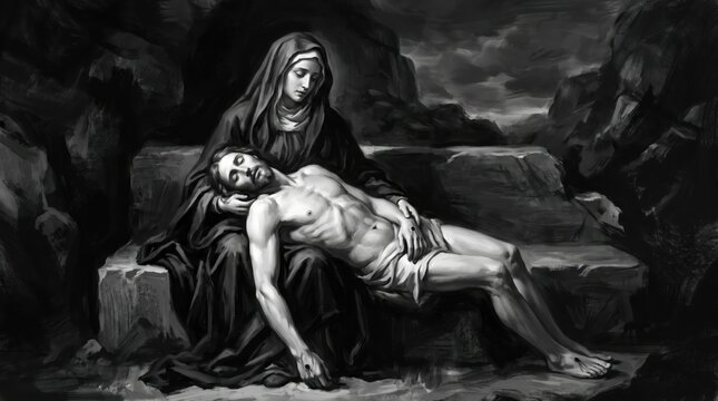 Mourning Woman Holding Deceased Man in Dark Landscape