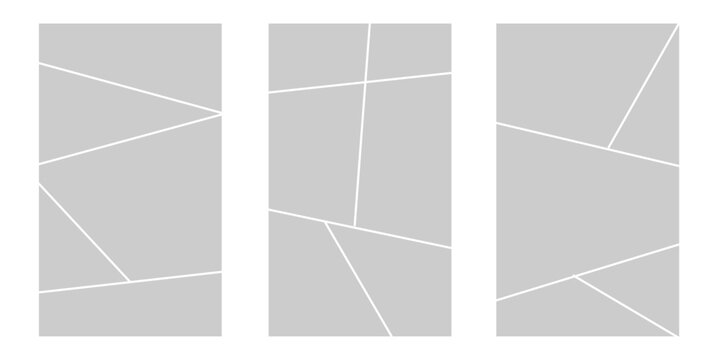 Abstract geometric triptych photo collage template with white frames on grey background
