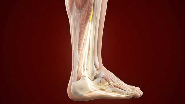 3D medical animation of tibial nerve pathway through ankle and foot showing tarsal tunnel anatomy on dark red background