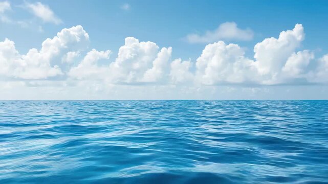 Aerial slow motion view of open ocean waves rolling across horizon under partly cloudy sky