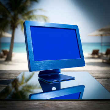 Blue desktop monitor on beachside reflective surface.