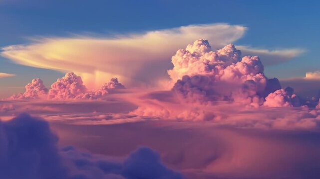 Vibrant pink and purple cumulus clouds illuminated by soft golden light against a blue sky, aerial view of fluffy cloud formations at sunset with a distant anvil cloud structure.