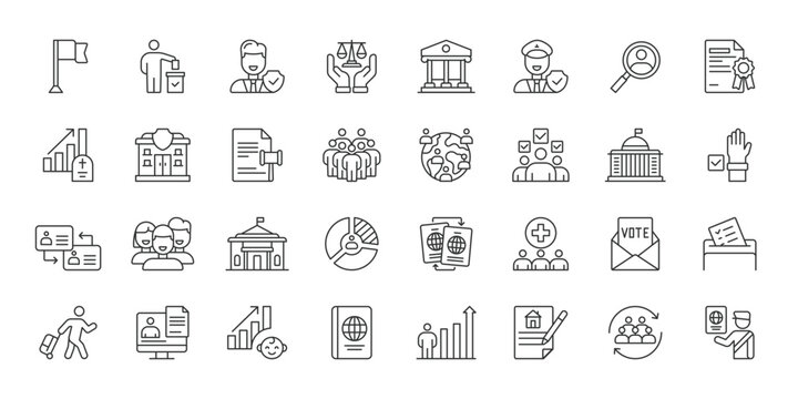 Citizenship icons in line design. citizenship, passport, identity, law, government, voting, community on white background vector. Citizenship editable stroke icons.