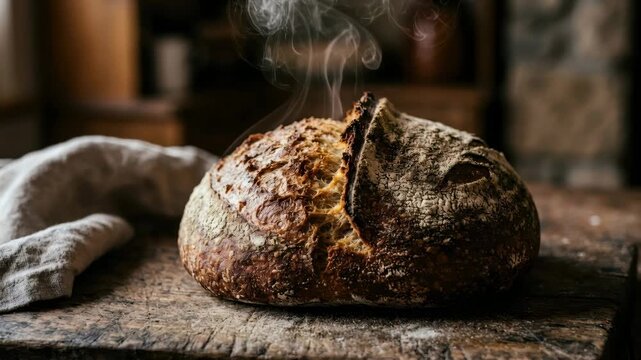 Freshly baked artisan sourdough loaf releasing steam on a rustic kitchen table. Homemade warm crusty bread cooling down after oven baking. Culinary food concept.