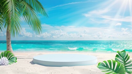 Naklejka premium Tropical Beach Scene with Clear Blue Water, White Sands, Sunlight, and Palm Trees for Summer Vibes and Relaxation Images