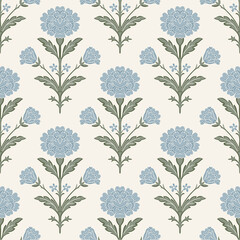 Elegant Indian Chintz Floral Block Print Seamless Pattern with Blue Carnation Flowers and Sage Green Leaves Botanical Repeat Background for Textiles Wallpaper and Sublimation © Marie