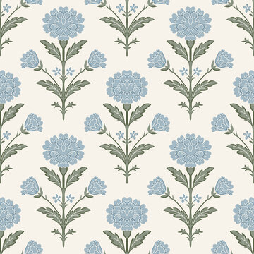 Elegant Indian Chintz Floral Block Print Seamless Pattern with Blue Carnation Flowers and Sage Green Leaves Botanical Repeat Background for Textiles Wallpaper and Sublimation