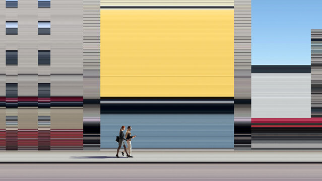 Business couple walking through abstract city with large yellow display. Concept of corporate commute, teamwork, office lifestyle, business meeting and urban mobility.