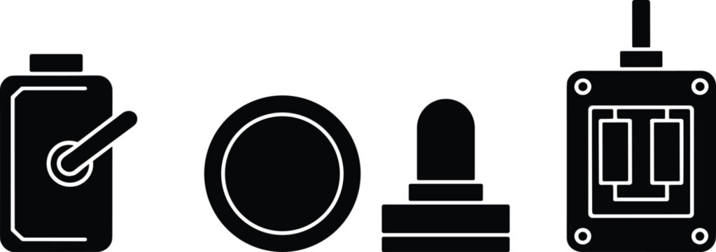 Electrical control components silhouette icons including toggle switch, push button, emergency stop, and dual rocker switch