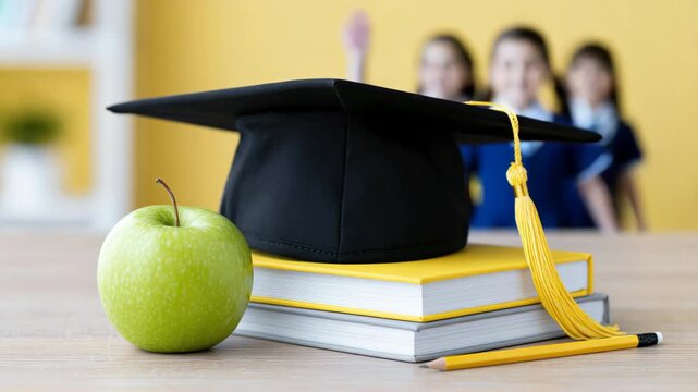 Static shot of graduation cap and stacked books with green apple on desk while students walk into classroom and raise hands against yellow background